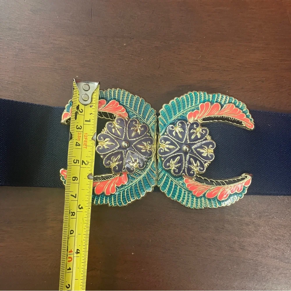 Vintage 1970s-80s Cloisonné Enamel Clasp Buckle with Navy Blue Stretch Blue